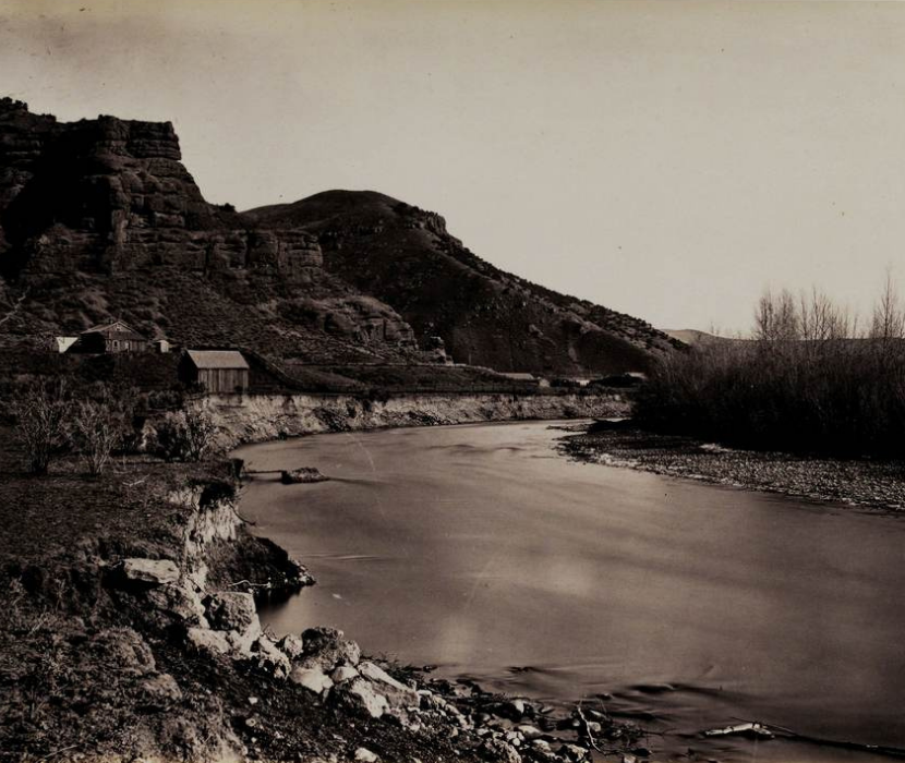 Black and white photograph of Weber River from collection of Union Pacific Railroad photographs