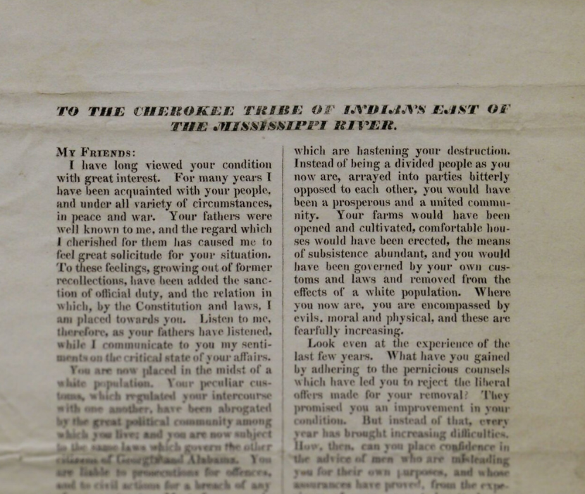 Top of the first page of printed letter by Andrew Jackson with the title "To the Cherokee Tribe ofIndians East of the Mississippi River" prominently featured