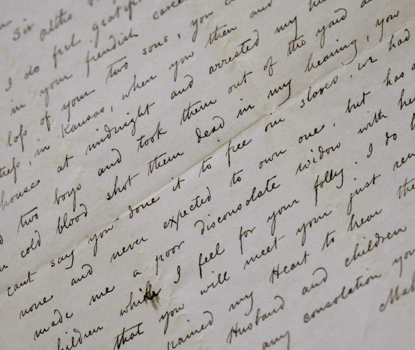 View of letter to John Brown from woman who lost family to Brown during Bleeding Kansas. Focus on text noting Brown "in cold blood shot them dead" and "you cant say you done it to free our slaves, we had none and never expected to own one"