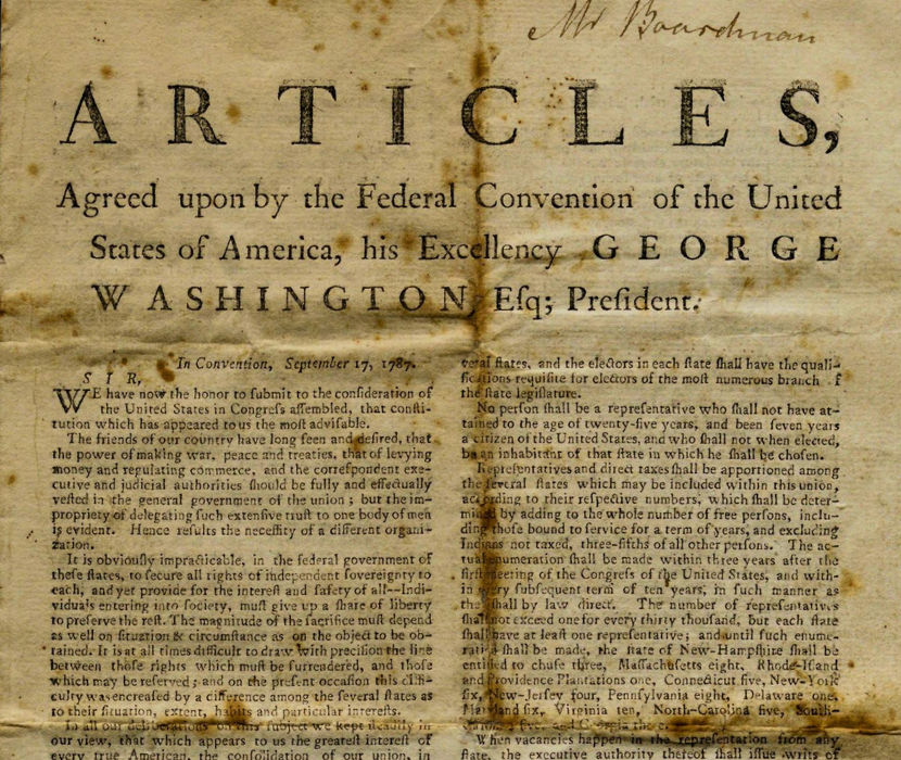 Broadside of the Constitution with Washington’s letter of support