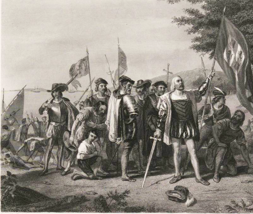 19th-century engraving depicting Columbus planting a flag in the "New World"