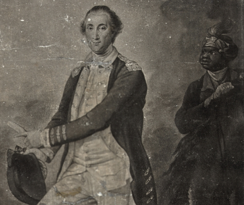 Detail from mezzotint depicting full-body portrait of General George Washington with an African or African American man behind him holding his horse.