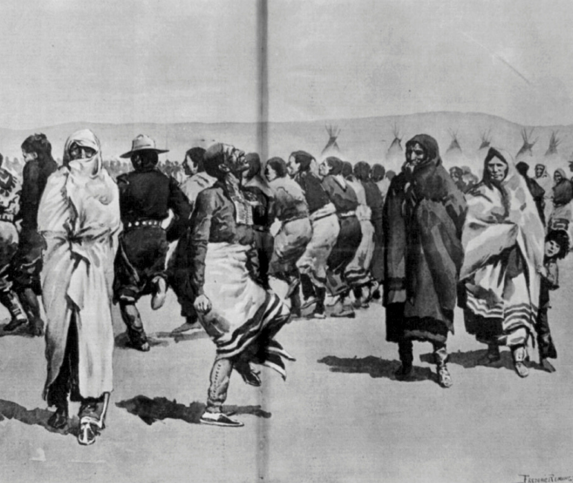 1890 photomechanical print showing the Ghost dance performed by the Sioux at Pine Ridge Agency in South Dakota