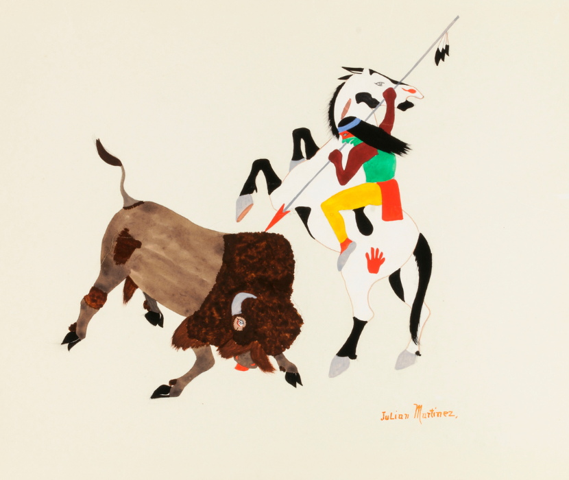 20th-century watercolor depicting Native on horseback spearing Buffalo