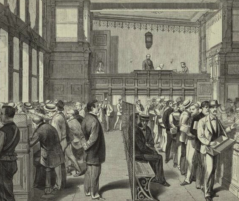 1870s engraving depicing the interior of the New York Clearing House featuring lines of people come to enact financial transactions