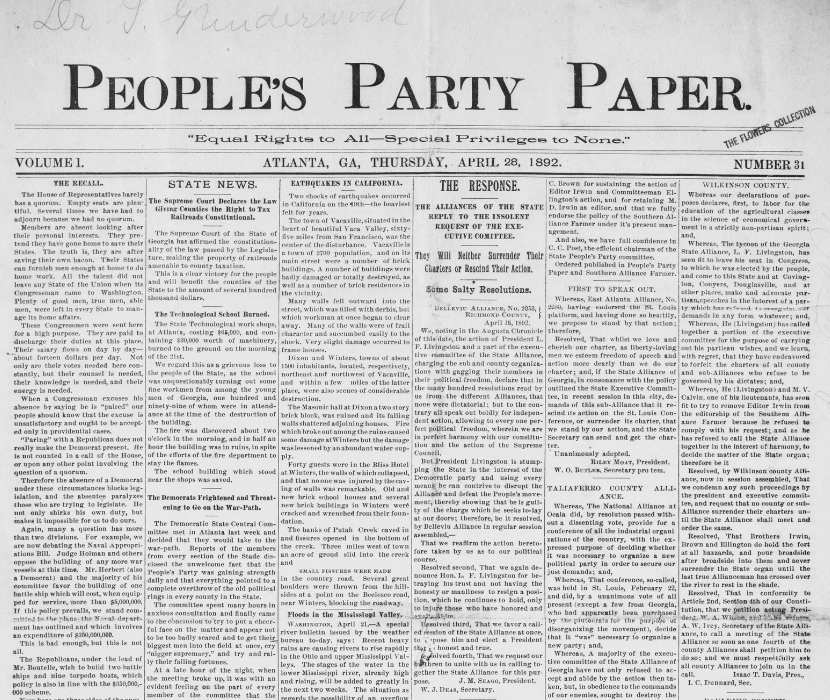 View of newspaper called "People's Party Paper" from April 1892