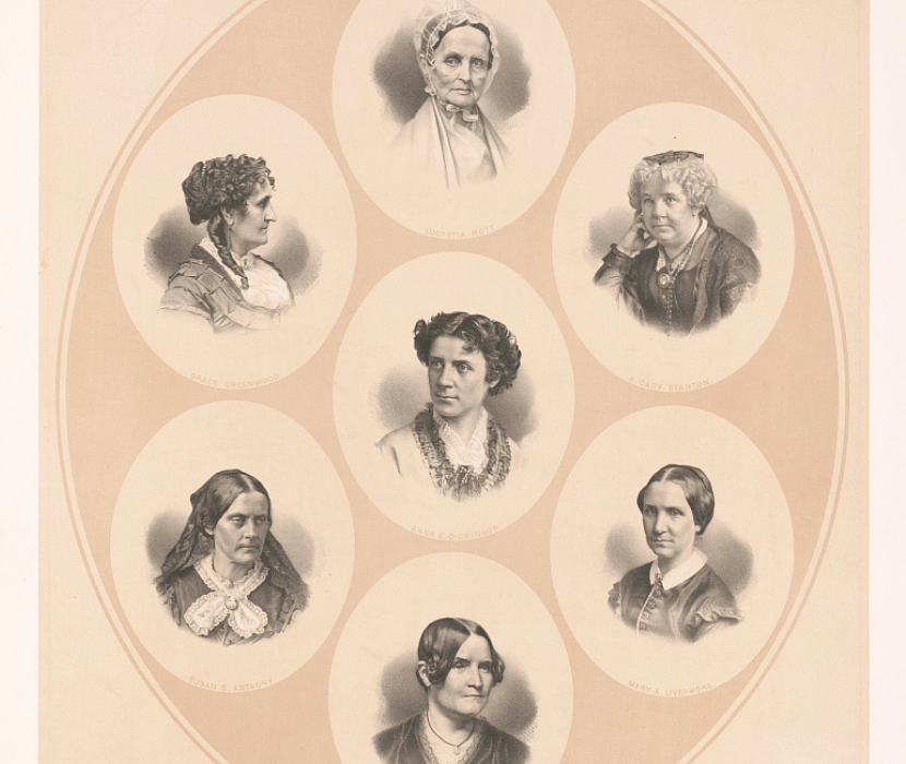 Lithograph from 1870 with seven portraits of prominent women in the suffrage movement.