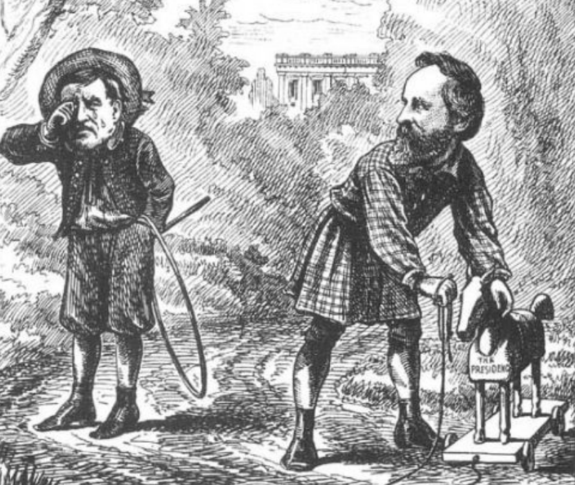 Political cartoon featuring Samuel Tilden crying and Rutherford B Hayes hovering over a toy horse with the label "The Presidency." Tilden and Hayes are both depicted with the bodies of children. 