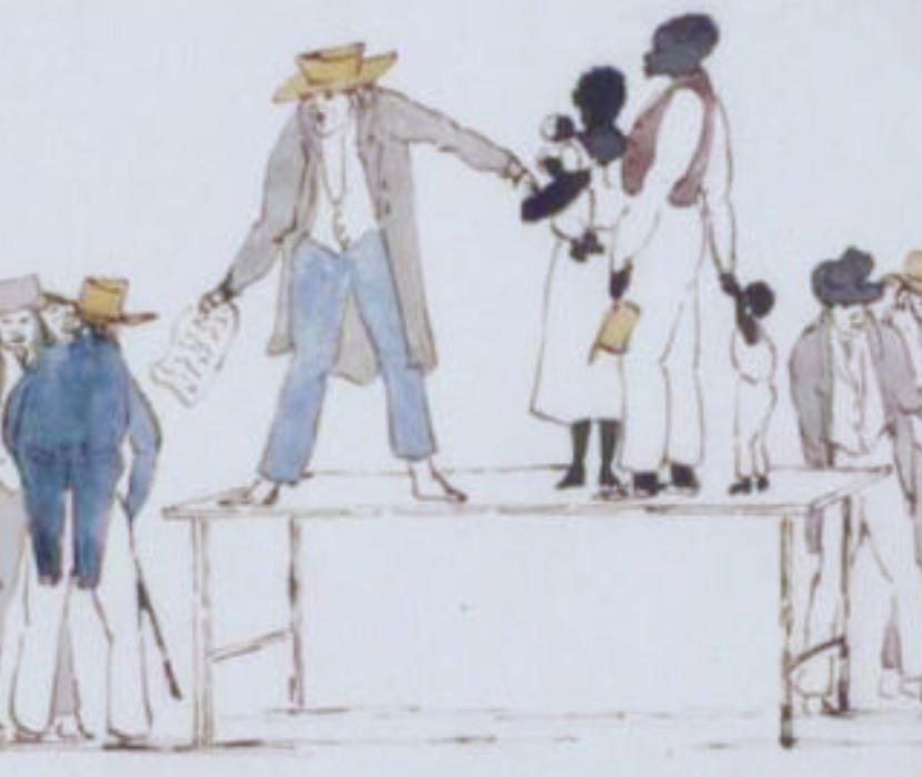 1833 Watercolor depicting the sale of enslaved people at auction in Charleston