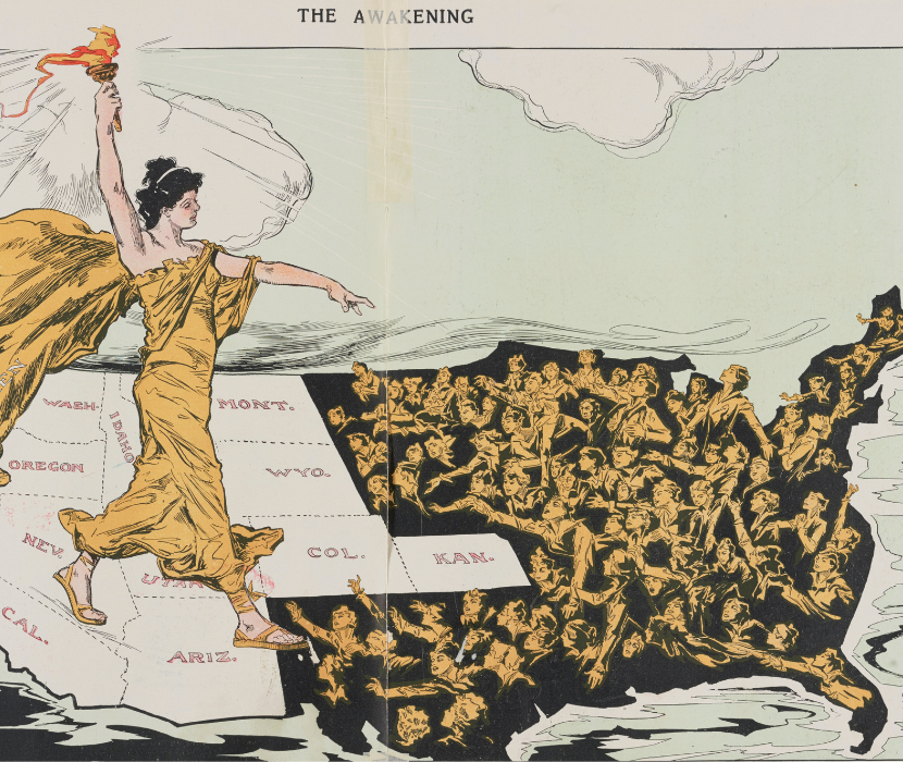 Illustration shows a torch-bearing female labeled "Votes for Women", symbolizing the awakening of the nation's women to the desire for suffrage, striding across the western states, where women already had the right to vote, toward the east where women are reaching out to her.