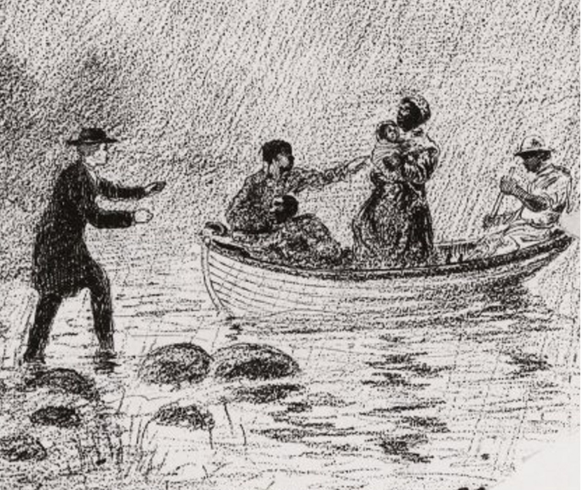 Detail from engraving showing five African Americans, including a mother and child, in a boat about to land with a white man, presumably an abolitionist, prepared to receive them. 