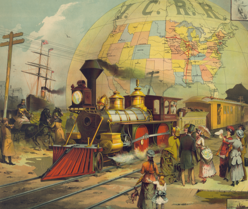 Print showing well-dressed passengers waiting as the Illinois Central Railroad train pulls into station with horses, ships, telegraph wires, and a globe with the continental united states in the background.