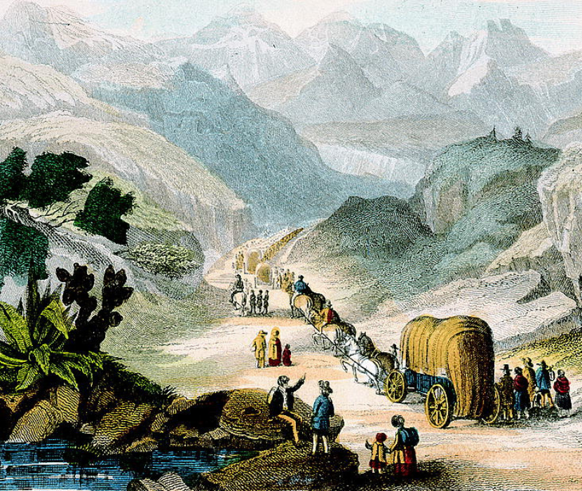 Engraving showing wagons and migrants on road about to enter mountain pass