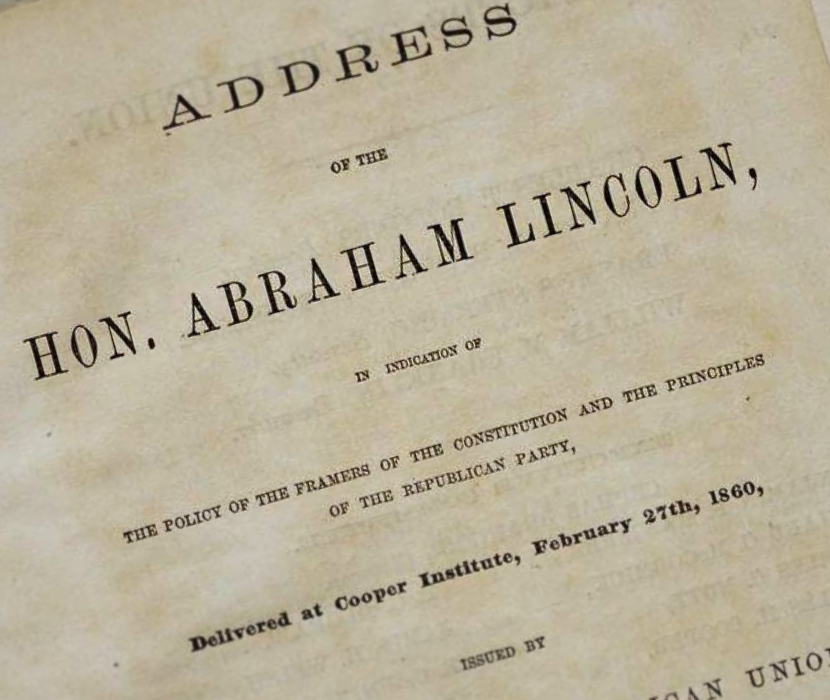 Title page of Abraham Lincoln's address at Cooper Institute on subject of Constitution and Republican Party