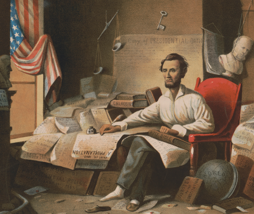 Lithograph showing Abraham Lincoln in a messy office writing the Emancipation Proclamation