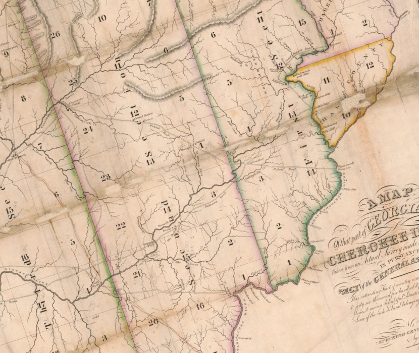 Map showing Cherokee land in Georgia divided into grids