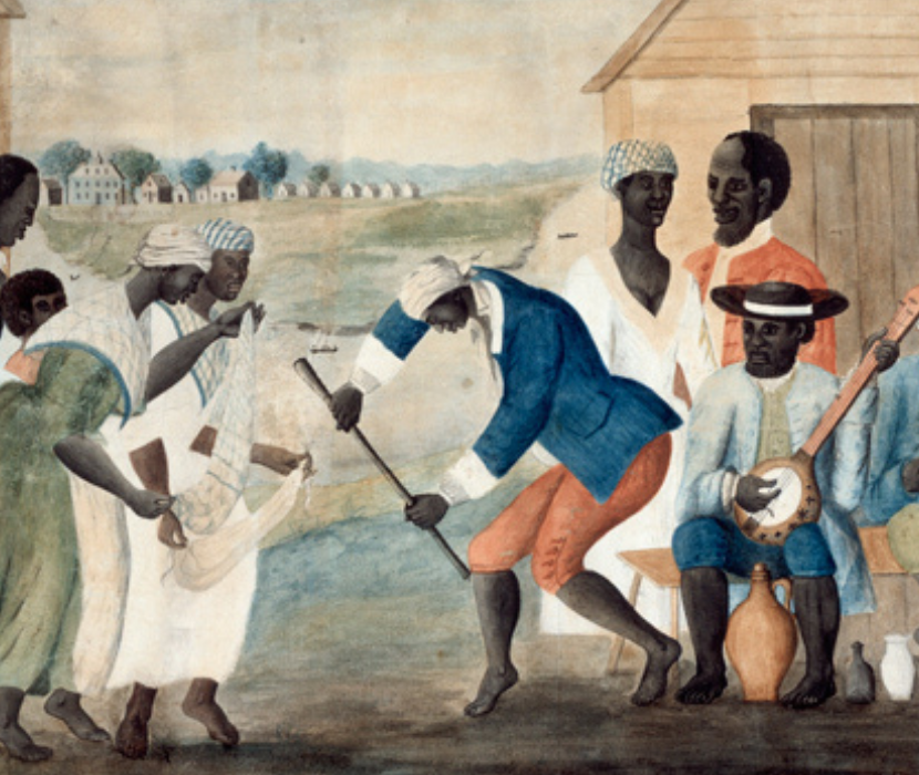 Folk art wotercolor depicting enslaved people, with some people playing musical instruments and others perhaps dancing