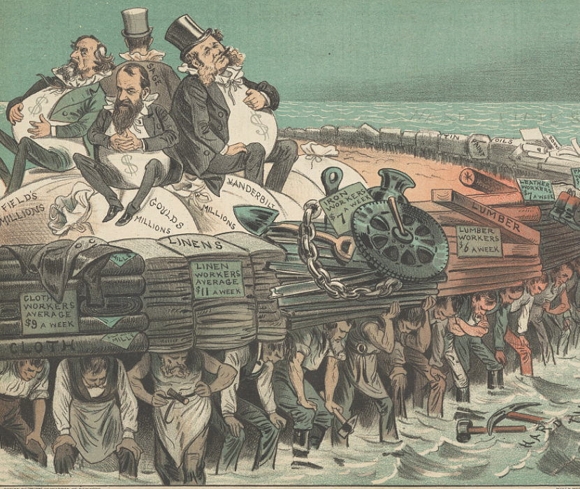A illustration of Cyrus Field, Jay Gould, Cornelius Vanderbilt, and Russell Sage, seated on bags of "millions", on large raft, and being carried by workers of various professions.