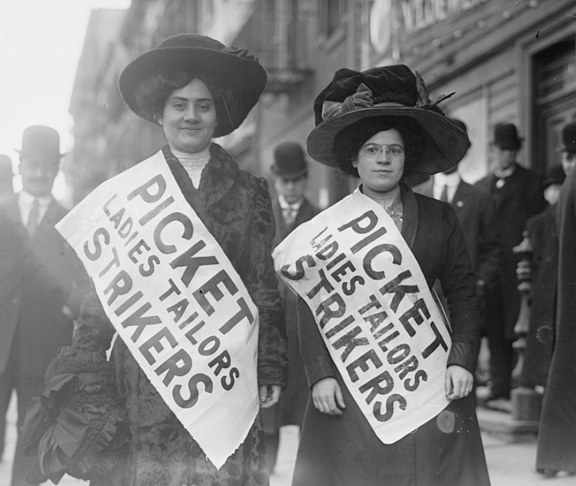 Black and white photograph of two women strikers from Ladies Tailors union on picket line during the "Uprising of the 20,000," in New York City