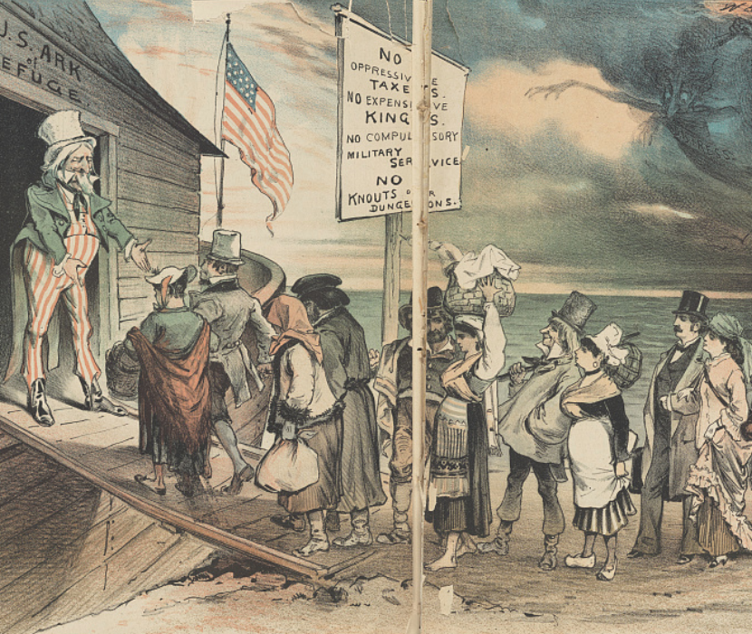 Uncle Sam on "U.S. Ark of Refuge" welcoming immigrants, with cloud "War" over them.