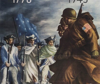 WWII poster showing 1943 troops passing Revolutionary era soldiers