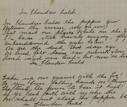 Page from Ella Jane Osborn's diary showing text for In Flanders Fields