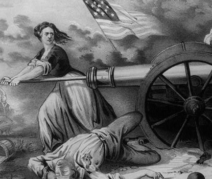 Engraving of Margaret Corbin using a rammer on a cannon during the Battle of Monmouth. Her husband lies dead at her feet. An American flag is in the background.