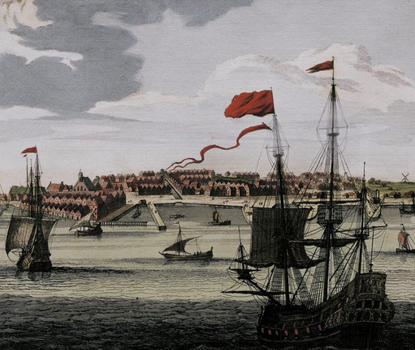 Cityscape view of Dutch Ships in the New Netherlands Harbor