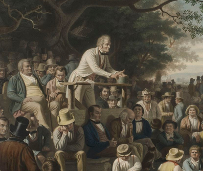 Print from 1856 showing speechifying in front of a crowd