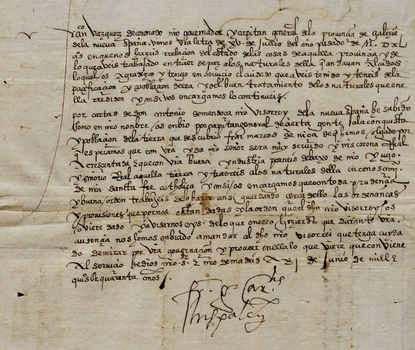 View of the handwritten letter to Francisco Coronado instructing him to explore North America