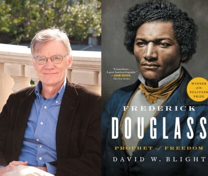David Blight, author, shown with book cover to Frederick Douglass: Prophet of Freedom