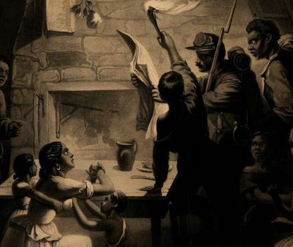 Lithograph from 1864 depicting a black family gathered together, reading a newspaper