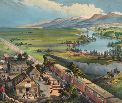 Illustration called "Across the Continent" showing railroad passing through frontier village with forest, plains, river, and mountainous terrain all visible. The train has the text "Through Line New York San Francisco" written on it.