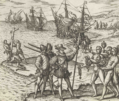 Theodor DeBry's 1594 engraving of Columbus receiving gold from natives on coming ashore in America