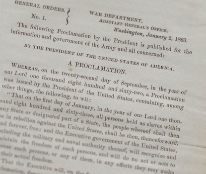 Detail from Lincoln's Emancipation Proclamation with focus on text "By the President of the United States of America. A Proclamation"