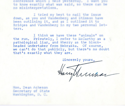 Harry Truman letter to Dean Acheson.