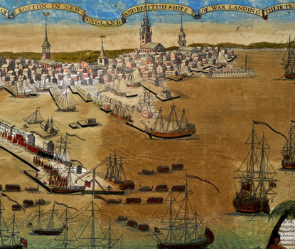 Paul Revere's hand colored engraving of Boston with British warships landing troops