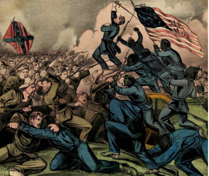 Union troops, primarily African American, in blue uniforms, charging White Confederate troops in gray uniforms. An American flag waves in the center midground; a Confederate battle flag hangs in the left background.
