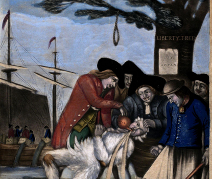 Satyrical engraving depicting the tarring and feathering of an excise Man