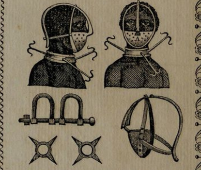 Detail from an 1805 broadside showing restraining devices used on enslaved peoples