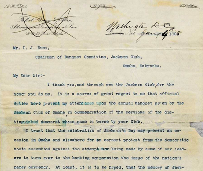 Bryan letter on Jacksonian ideals.