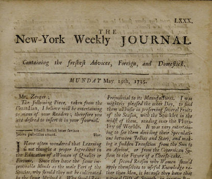 Detail of front page from the New-York Weekly Journal, May 19, 1735