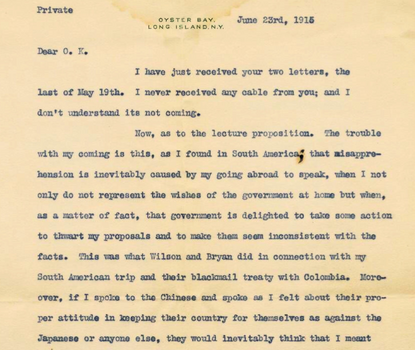 Teddy Roosavelt letter expressing thoughts about the Lusitania.