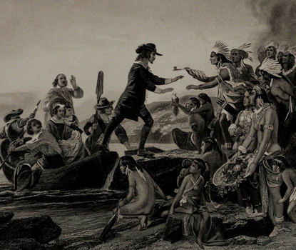 Nineteenth-century engraving showing Roger WIlliams making landfall