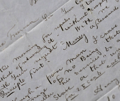 Detail from handwritten letter with focus on text "Principle first:    Money afterwards"