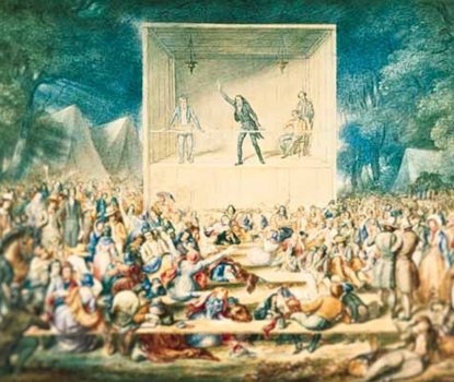 Detail of watercolor painting showing a religious revival meeting with the preacher featured prominently as the focal point of the image.