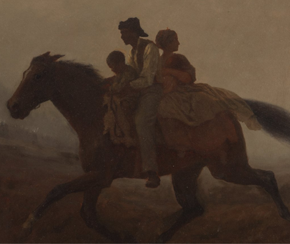 Oil painting from 1862 by Eastman Johnson showing an enslaved family on horse, riding to Union lines