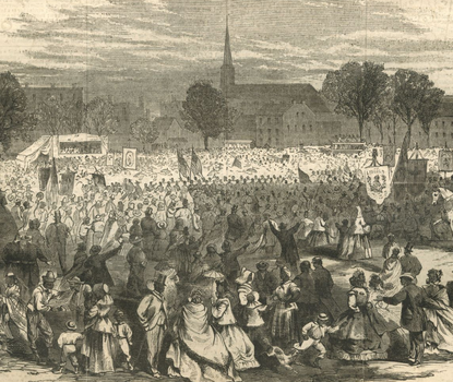 Illustration of crowd celebrating the abolition of slavery in Washington, D.C.