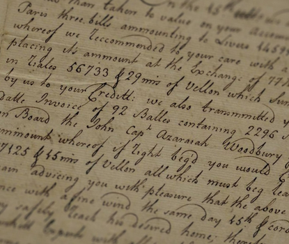 Eighteenth century letter with focus on words "Creditt" and "Invoice of 92 Balles"