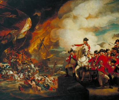 Dramatic painting with soldiers, a rider on a horse pointing at ships on fire in the harbor